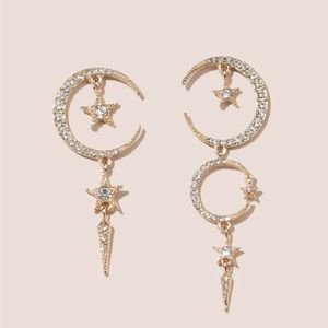 Gold 3/$30 Rhinestone Moon Star Drop Earrings